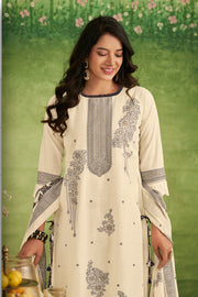 Elegant Off White Cotton Jacquard Straight Cut Salwar Suit